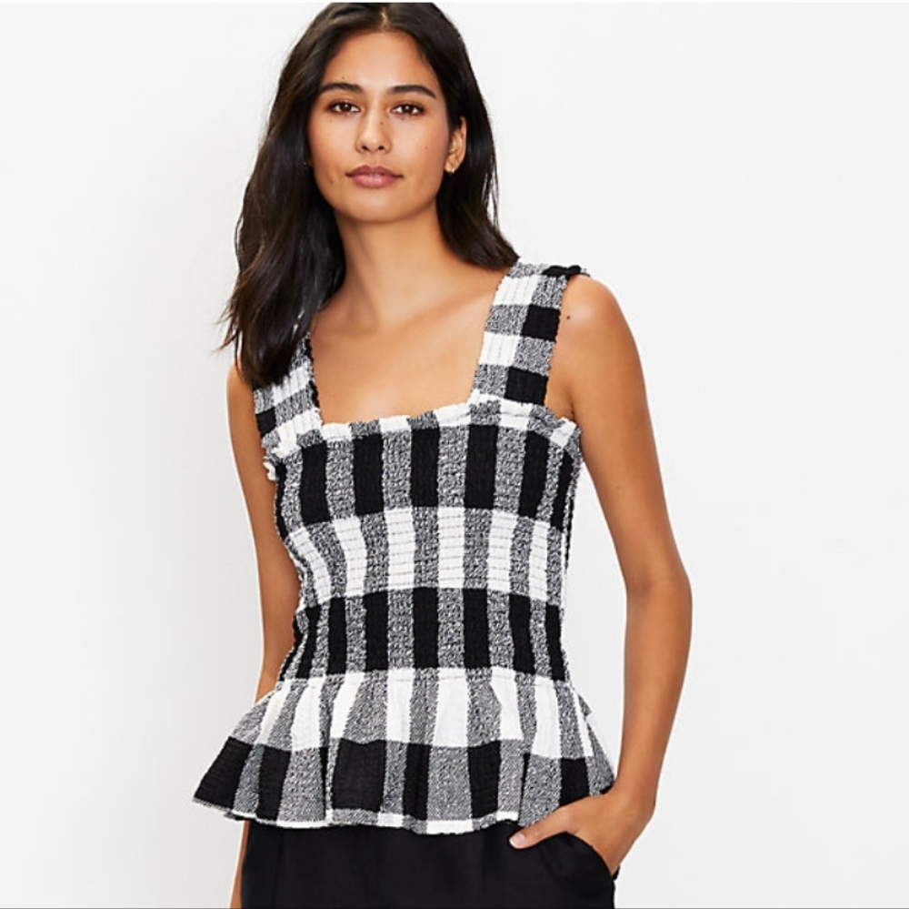Loft Gingham Smocked Peplum Tank Top